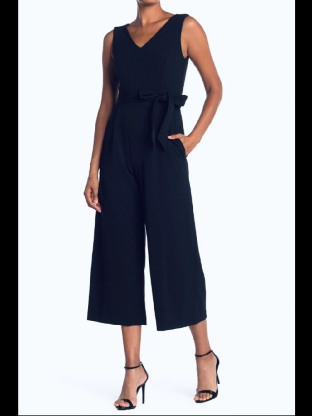 Calvin Klein Navy Sleeveless V-Neck Cropped Wide Leg Belted Jumpsuit 10
